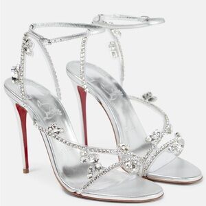 Christian Louboutin Silver Stiletto Heels with Crystal Embellishments